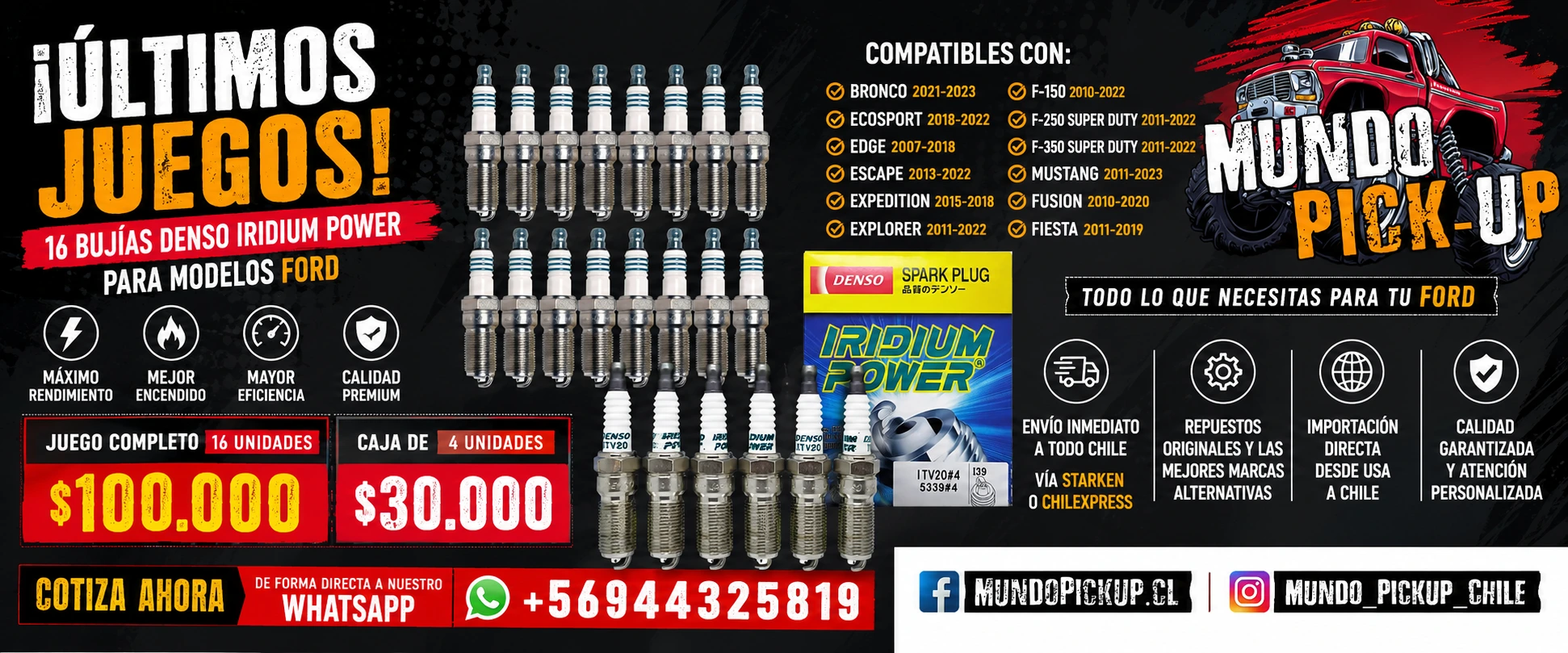 Kit de 16 bujías Denso Iridium Power para modelos Ford (Bronco, F-150, Mustang, Explorer y más) — envío a todo Chile · MundoPickup